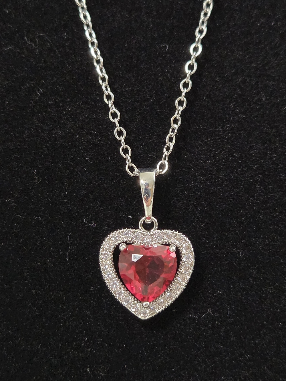 Heart-Shaped Red Crystal Pendant Necklace - Silver Tone